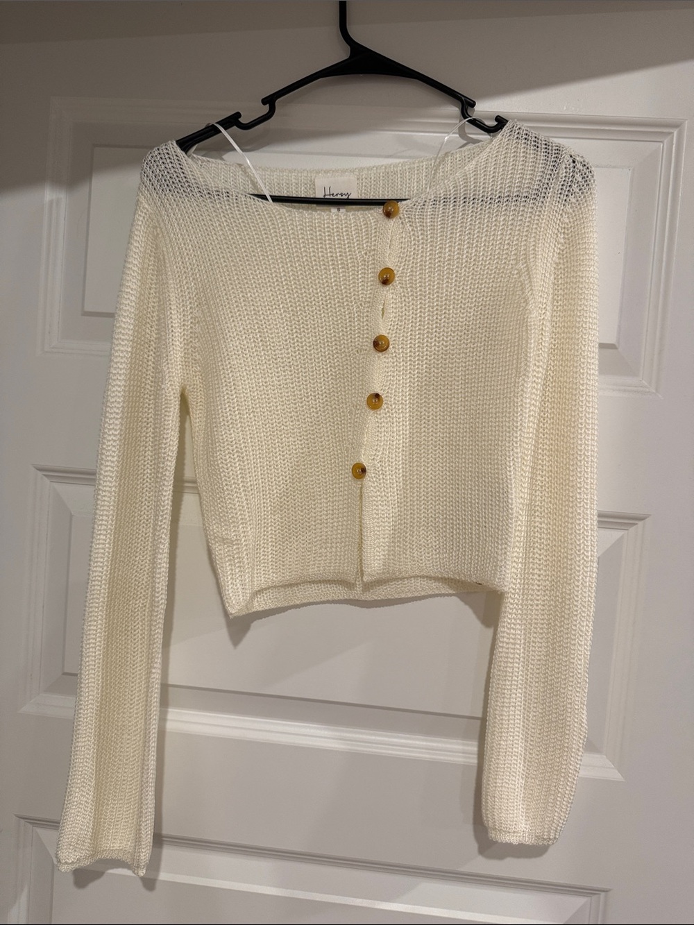 Ivory Knit Asymmetrical Button-Front Cropped Sweater